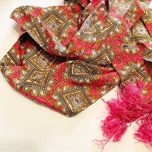 VINTAGE Pink and Gold Bohemian Patterned Long Scarf With Fringe